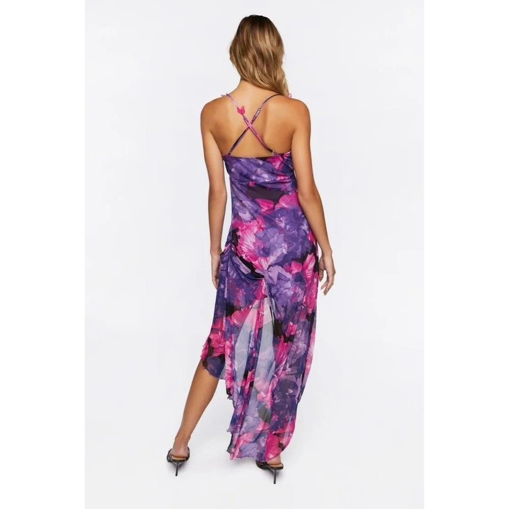Forever 21 Women's Dress Asymmetric Floral Y2K Fairy Butterfly Ruched Size Large